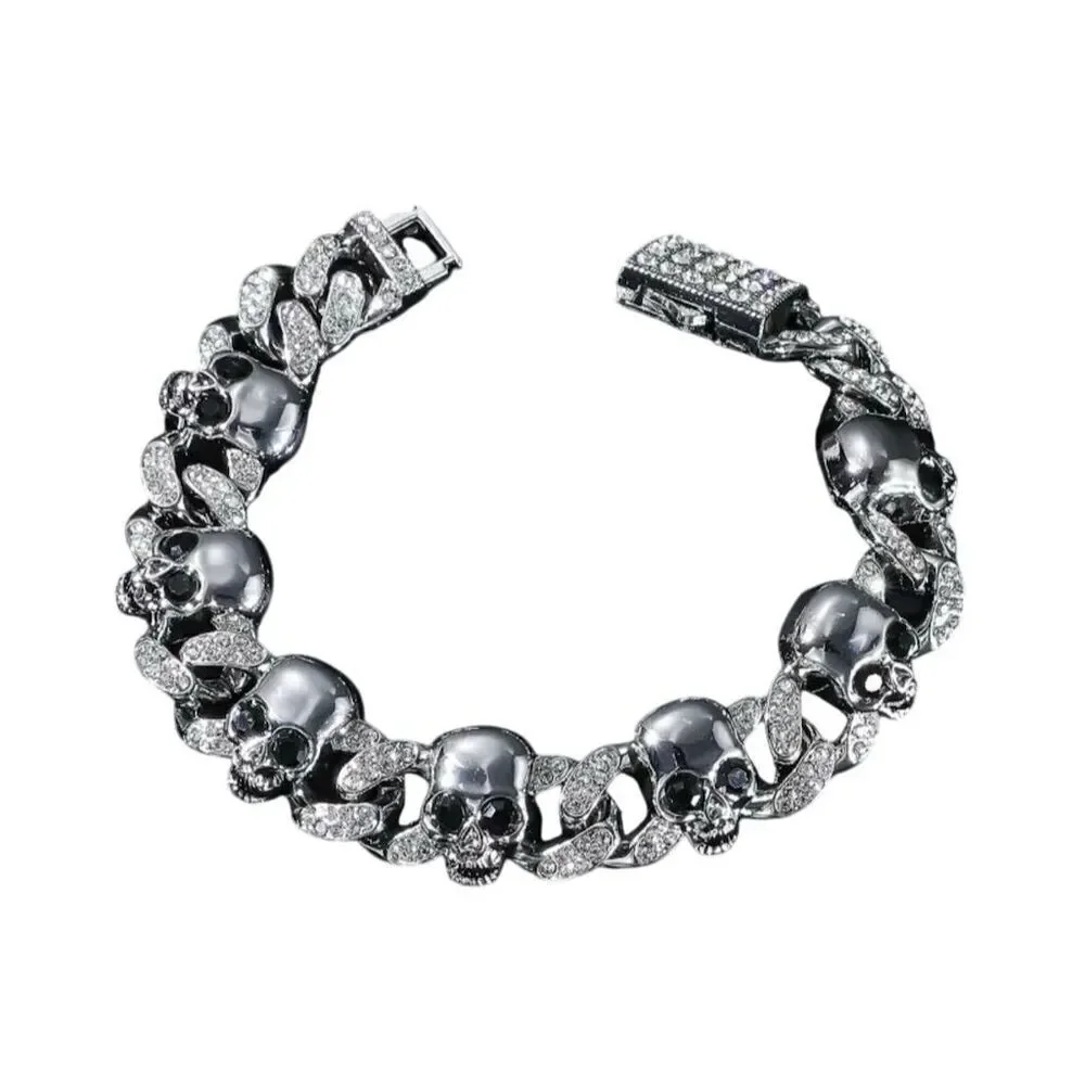 Men’s CZ Gothic Skull Cuban Link Bling Bracelet 8 in Rock Punk Band Party